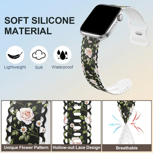 Miniatura 3 de Correa de encaje floral compatible con Apple Watch de 40mm 44mm 46mm 41mm 45mm 38mm 42mm 49mm, mujeres, correa deportiva de repuesto de silicona C