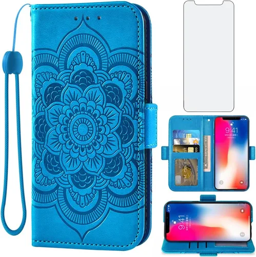 Asuwish Compatible con iPhone Xs X 10 10s Funda tipo cartera y protector de pantalla de vidrio templado, funda con tapa para tarjetero, fundas para