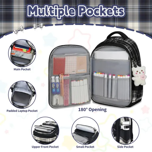 Miniatura 3 de Linda mochila para niñas, paquete de 5 mochila kawaii estética con juego de lonchera, bonita mochila escolar negra para niños y adolescentes