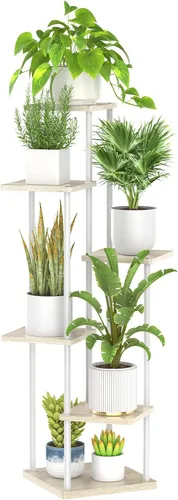 Miniatura 12 de Oppro Soporte para plantas de 3 niveles para interiores, soporte de esquina de metal de madera escalonada, soporte para macetas, estante de madera