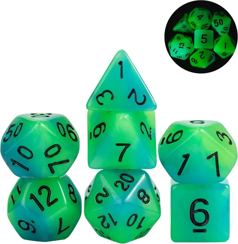 Miniatura 3 de Dados DND que brillan en la oscuridad, 7 piezas de troqueles poliédricos luminosos con bolsa de troquel de cuero, dados D&D brillantes