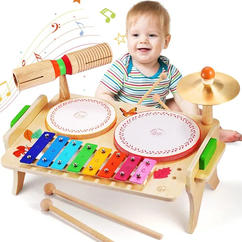 Wingyz Juego de batería para niños pequeños, instrumentos musicales para bebés, 7 en 1, juguetes musicales preescolares Montessori, kit de batería