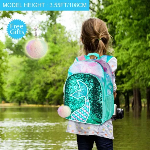 Miniatura 6 de 3 mochilas para niñas, 16 pulgadas con lentejuelas para preescolar y lonchera