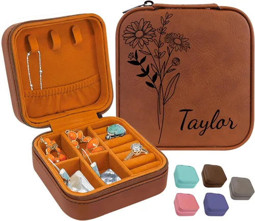 Personalized Birth Flower Jewelry Travel Case, Birth Month Flower Gift, Birthday Gift, Leather Jewelry Travel Case, Custom Jewelry Case, Mother's