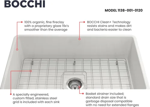 Miniatura 4 de BOCCHI Classico Farmhouse Fregadero de cocina de arcilla refractaria con frente de delantal de 30 pulgadas, un solo tazón, con rejilla protectora