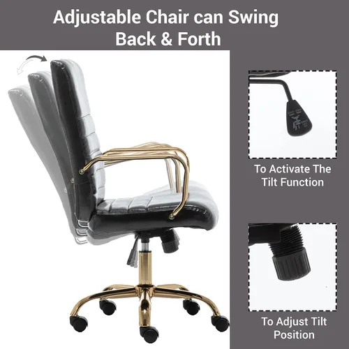 Miniatura 6 de BTEXPERT Silla de escritorio ajustable de piel sintética negra con brazos dorados, respaldo alto, para oficina en casa, (5162BK)