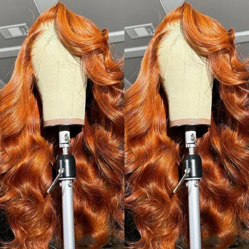 Miniatura 2 de ANDRIA Pelucas de encaje frontal 13x4 HD 28 pulgadas, pelucas de onda corporal naranja jengibre largas sin pegamento, línea capilar prearrancada