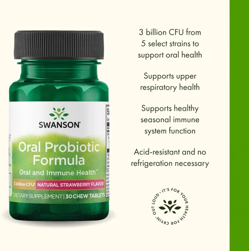 Miniatura 4 de Swanson Fórmula probiótica oral con BLIS K12 para adultos que buscan apoyo para la salud oral, respiratoria e inmunológica, sabor natural de fresa