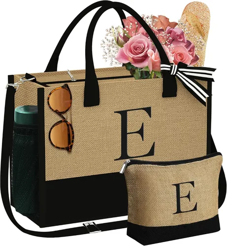 Miniatura 9 de YOOLIFE Regalos personalizados para mujeres, bolsa de yute con inicial y bolsa de maquillaje, regalos de cumpleaños para mujeres, mamá, esposa