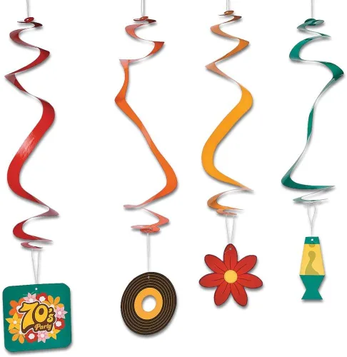 Fun Express - Decoraciones de remolinos colgantes de fiesta de los años 70 de 30 pulgadas - Espirales y remolinos para una divertida decoración de