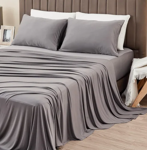 Juego de sábanas tamaño matrimonial de lujo con 2 fundas de almohada, tela ultrasuave, refrescante y transpirable, sábanas grises, juego de 4 piezas
