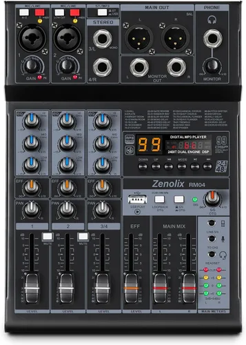 RM04 - Mezclador de audio de 4 canales, mezclador Bluetooth, interfaz de audio USB, mezclador DJ con 2 entradas combinadas XLR, grabación de 24 bits