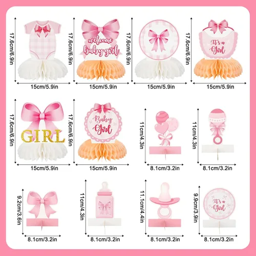 Miniatura 2 de 12 centros de mesa de nido de abeja con lazo rosa para baby shower, decoración de mesa en 3D para decoración de mesa en baby showers, revelaciones