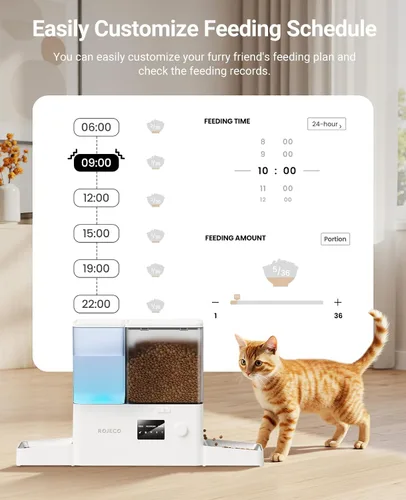 Miniatura 6 de Rojeco Comedero automático para gatos de 36 tazas/8.5L con WiFi y dispensador de agua por gravedad, tazones de acero inoxidable 2 en 1 de gran Blanco