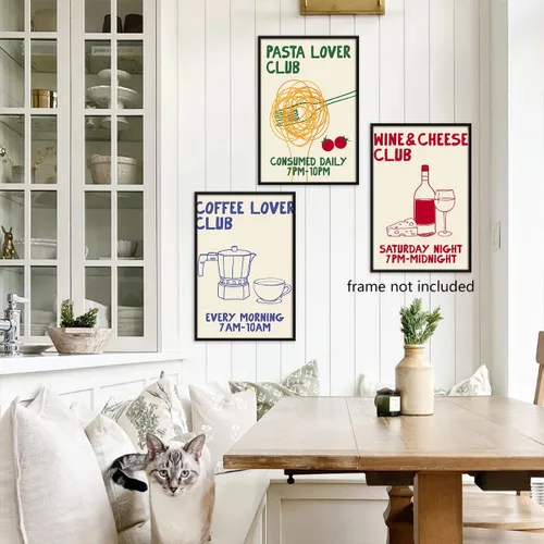 Miniatura 7 de Divertido póster de lienzo de cocina, arte de pared retro del club amante del café, imagen adorable del club de amantes de la pasta, pintura vintage