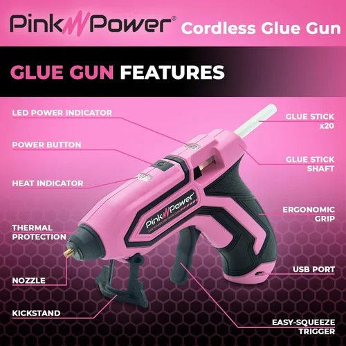 Miniatura 2 de Pink Power Mini kit de pistola de pegamento caliente inalámbrica con soporte, 20 varillas, funciona con pilas, inalámbrico, calentamiento rápido