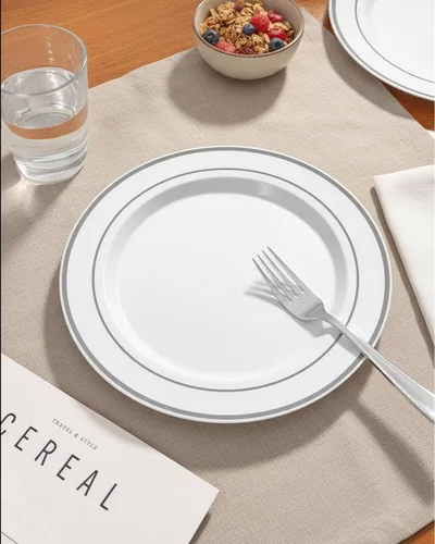 Miniatura 8 de bUCLA 100 platos de plástico plateados, platos desechables de borde plateado de 10.25 pulgadas, ideales para bodas, fiestas