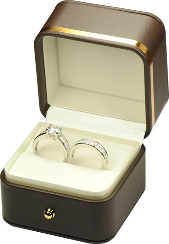 Miniatura 4 de Caja de anillo para propuesta de boda, compromiso para hombres y mujeres, de lujo, suave al tacto, color marrón, de piel sintética, caja de regalo