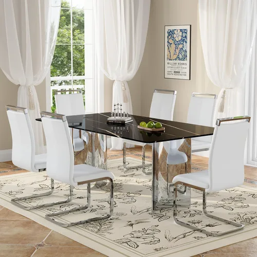 Miniatura 12 de Moderno juego de mesa de comedor para 6, 7 piezas, mesa rectangular de mármol sintético de 71 pulgadas con base de acero inoxidable plateado