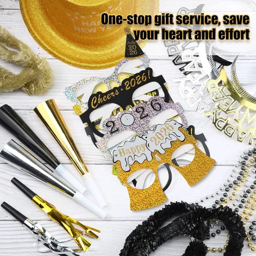 Miniatura 4 de Silipull 192 piezas de suministros de fiesta de Nochevieja 2026 para 48 invitados – Gorros Top Tiaras, Diademas, gafas, collar de cuentas, cuernos