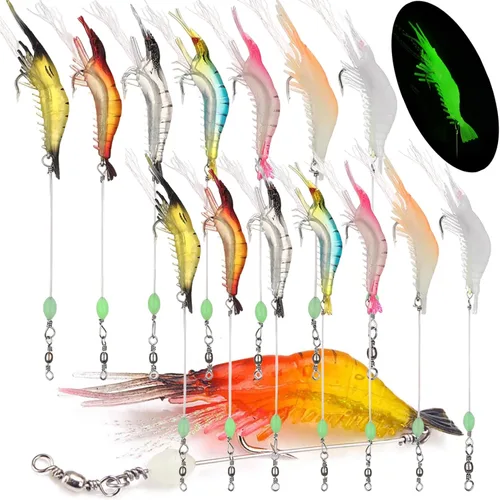 Juego de 30 señuelos de plástico suave para pesca de simulación, juego de señuelos de camarón Lumionous, tamaño universal de 3.2 pulgadas, 1/8