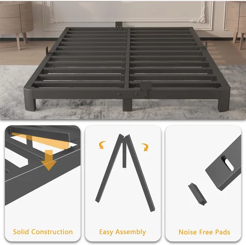 Miniatura 5 de Base de cama Queen de 4 pulgadas, no necesita somier, base de cama de plataforma con juntas de metal, soporte de listones de acero resistente, tapón