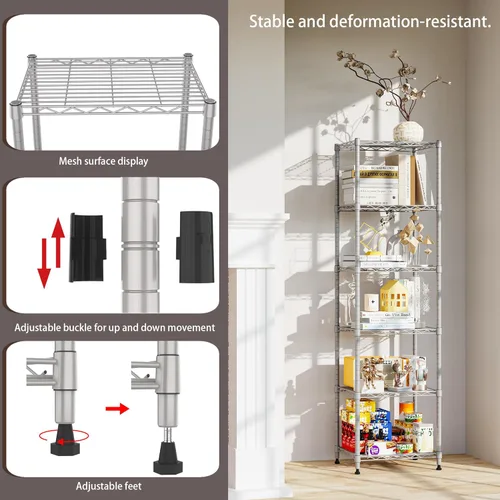 Miniatura 5 de REGILLER Estantería de Alambre de 6 Niveles de Acero, Unidad de Almacenamiento con Estantes Ajustables para Lavandería, Baño, Cocina, Despensa, Negro