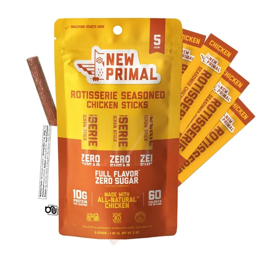 New Primal Palitos de Pollo Rotisserie, Snack Alto en Proteína Sin Azúcar, Sin Gluten Whole30 Snacks Saludables, Apto para Keto y Paleo, Palito de