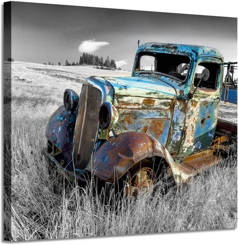 Miniatura 14 de Lienzo decorativo para pared de automóvil oxidado: cuadros de camiones viejos impresos en lienzo para dormitorio