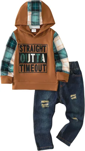 Ropa para niños pequeños, trajes de otoño e invierno, sudadera con capucha de manga larga + jeans rasgados lindo conjunto de ropa para bebé niño