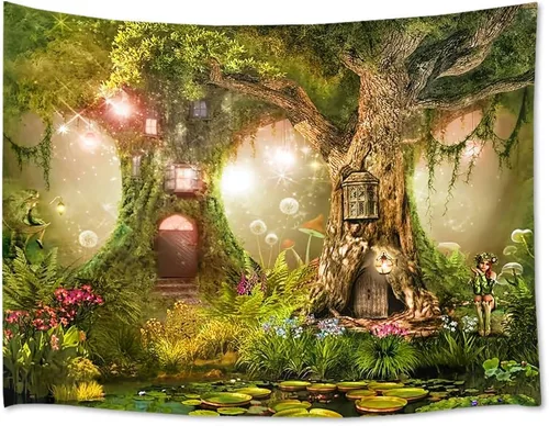 Miniatura 17 de HVEST Tapiz de bosque de cuento de hadas para colgar en la pared, estanque de lirios de agua, árboles mágicos, casas en el país de los sueños, tapiz