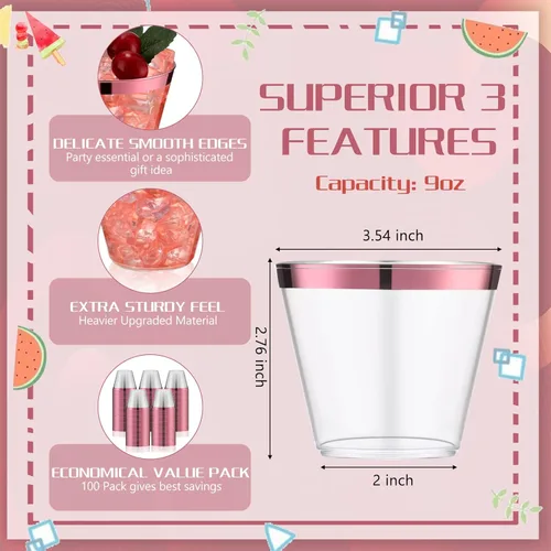 Miniatura 2 de Lounsweer 100 Piezas Vasos de Plástico con Borde de 9oz, Copas de Cóctel Transparentes para Bodas, Copas de Vino Desechables de Servicio Pesado