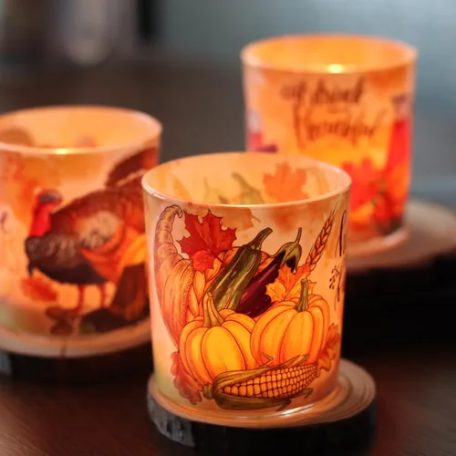 Portavelas de Acción de Gracias, 4 unidades, portavelas votivas de cristal SHMILMH para decoración de mesa de otoño, chimenea, mantel Día de Acción