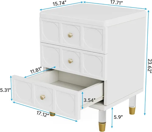 Miniatura 2 de Tribesigns Mesita de noche de 3 cajones blanca y dorada con cajones, versátil y moderna mesita de noche blanca con almacenamiento para dormitorio