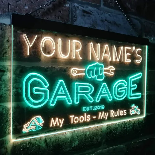 Miniatura 3 de ADVPRO personalizado: tu nombre, año de fundación, tema de garaje, cueva para hombres. Decoración con luz de neón LED de doble color, verde y Verde