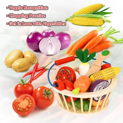 Miniatura 4 de Juguetes vegetales de madera para niños, juego de comida de juego de simulación para niños, juguete de cocina de corte magnético con canasta