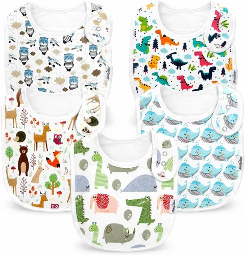 KiddyStar Drool Bibs for Babies – Organic, Unisex, Soft Absorbent Teething Bibs with Adjustable Snaps Paquete de 5 baberos de dinosaurio