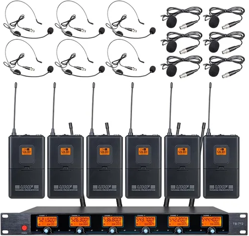Sistema de micrófono inalámbrico 6 canales Lavalier Mic Bodypacks Auriculares de solapa Frecuencia B Boda Fiesta Reunión Escuela Iglesia Conferencia