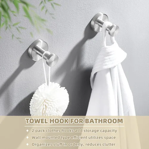 Miniatura 7 de APLusee Ganchos para toallas de baño de níquel cepillado, ganchos de acero inoxidable 304, paquete de 2 ganchos de toallas resistentes para baño
