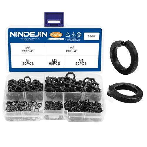 NINDEJIN Juego surtido de 300 arandelas de bloqueo de resorte, M3 M4 M5 M6 M8 de acero al carbono chapado en zinc negro, arandelas divididas