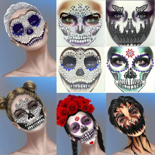 4 juegos de joyas de cara de Halloween con purpurina y esqueleto de azúcar, gemas para festivales, cristales, tatuajes faciales, calcomanías, ojos,
