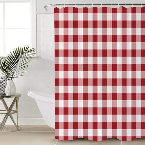 Juego de cortinas de ducha a cuadros rojos, cortina de ducha lavable de 72 x 84 pulgadas con 12 ganchos, cortinas de ducha de tela impermeable a