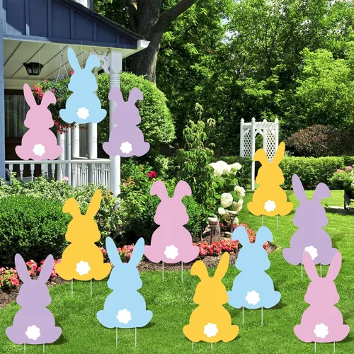 Miniatura 5 de Beeveer 12 letreros de Pascua con estacas para patio al aire libre, conejo, césped, coloridos conejos, decoración de estacas de jardín