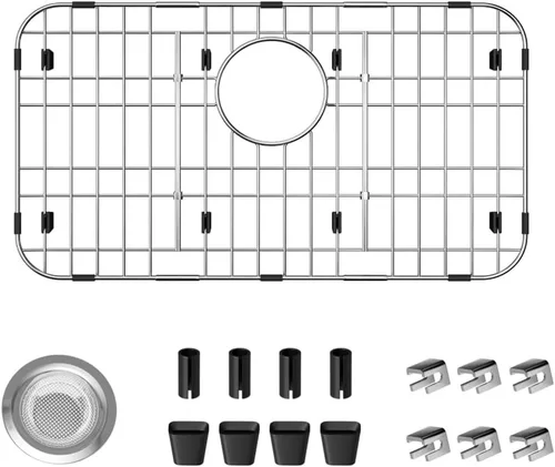 Miniatura 15 de Paquete de 2 rejillas de metal dorado para fregadero de cocina, 13"L X 11.6"W, protectores de fregadero de acero inoxidable con orificio de drenaje
