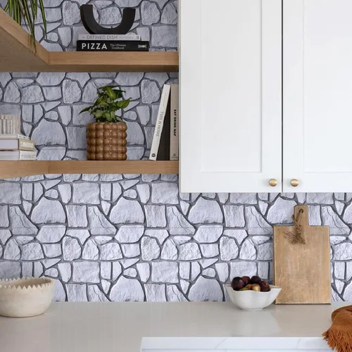 Miniatura 2 de Commomy 10 paneles de pared de piedra 3D para despegar y pegar, panel de pared de piedra sintética de 11.8 x 11.8 pulgadas, papel tapiz de ladrillo
