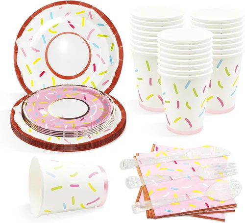 ZULYSTO Juego de vajilla de 175 piezas de platos de papel rosados para 25 invitados, decoraciones desechables, platos de papel de dona, tazas y