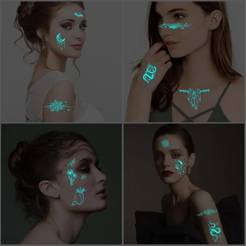Miniatura 5 de Konsait 10 hojas de tatuajes temporales que brillan en la oscuridad para mujeres y niñas, tatuajes faciales brillantes para niños, serpiente