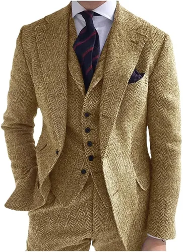 Traje vintage de tweed para hombre, 3 piezas, corte delgado, blazer de laper de un solo pecho, pantalones de baile para hombres