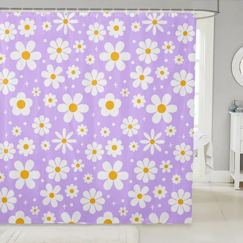 Miniatura 38 de Cortina de baño de flores de margarita para niños y niñas, cortina de ducha floral para decoración de baño, 72 x 72 pulgadas, retro, floral
