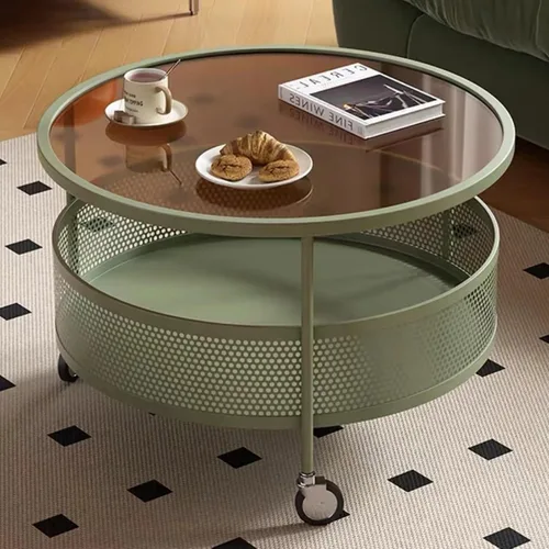 Miniatura 9 de Mesa de centro de cristal con ruedas giratorias, mesa de té redonda de 2 niveles con cesta de almacenamiento hueca de hierro, moderna mesa central